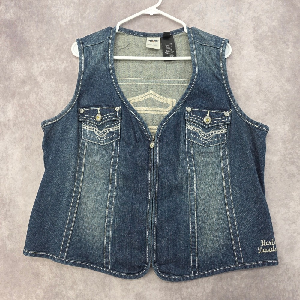 Harley Davidson Women 2W Denim Jean Vest Motorcycle CORE EMBELLISHED 99123-15VW